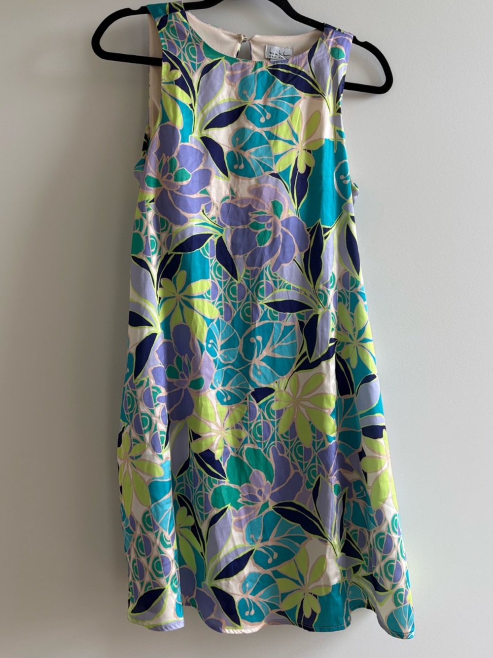 Nicole Miller NY Sleeveless Tropical Floral A-Line Dress Pockets Teal Purple - S